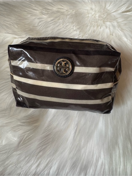 Tory Burch Handbags - Tory Burch Brown and Cream Striped Cosmetic Pouch with Logo Medallion